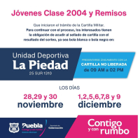 AYUNTAMIENTO DE PUEBLA CONVOCA A JÓVENES CLASE 2004 Y REMISOS A SELLADO DE CARTILLA